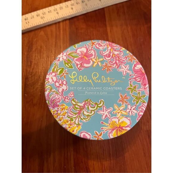 Set of 4 Lilly Pulitzer Ceramic Gold Rim Coasters 3.75" BREAKWATER BLUE LOLITA - Picture 8 of 13